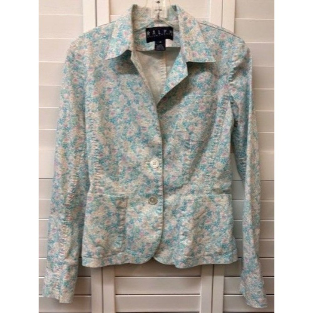 Ralph Lauren Floral Corduroy Blazer Womens 8 Blue Pink Cotton 2 Button Jacket